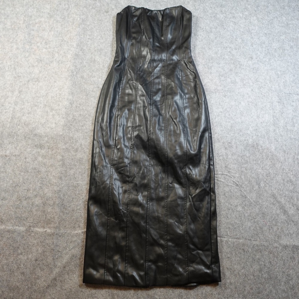 Tiger Mist Dress Womens Small Black Midi Faux Vegan Leather Strapless Back Slit